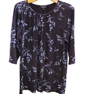 J Jill Wearever Collection Dark Wine with Blue- Gray Flowers. 3/4 Sleeve. 95% Ra